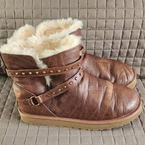 UGG Brown Shearling Lined w/Gold Studded Straps and Gold Heel Tag Women's Boots